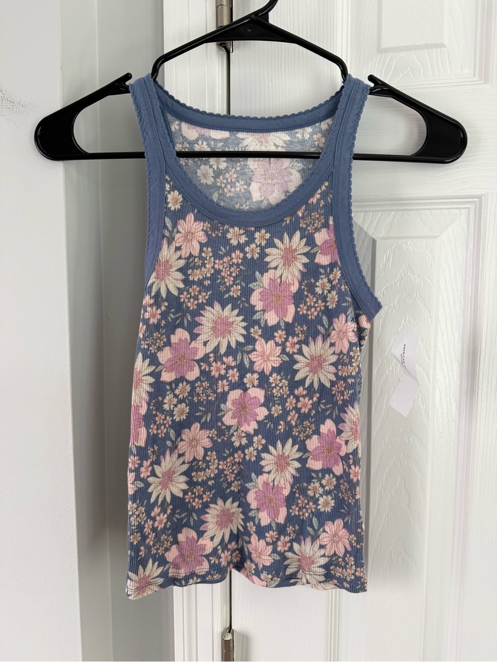 American Eagle Outfitters Blue Floral Ribbed Tank Top